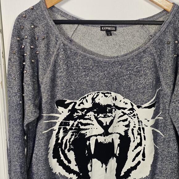 EXPRESS Studded Tiger Graphic Sweatshirt Heather Blue Size L Slouchy Casual Soft - Picture 2 of 5